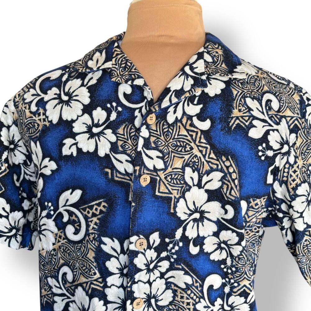 Vintage Hawaiian Shirt Blue‎ Hibiscus Floral Aloha Camp Shirt Tropical Beach Top